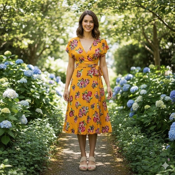 Matilda Jane Dresses & Skirts - Matilda Jane Yellow Floral Wrap Midi Dress Short Sleeve Tie Waist Pockets S